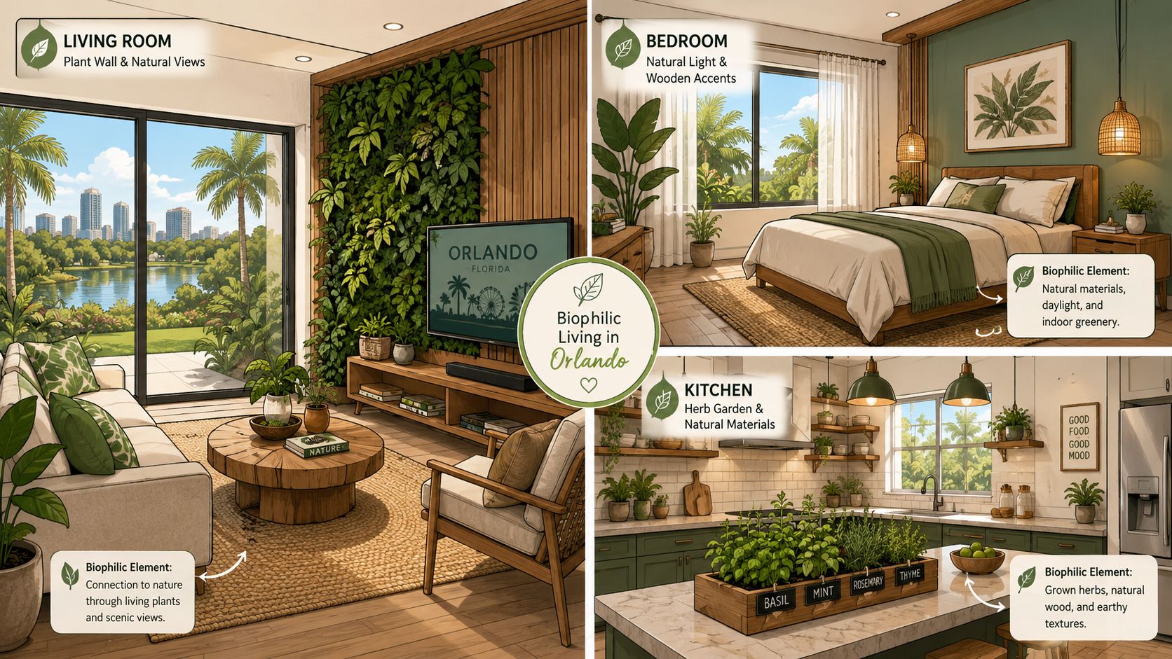 An infographic showing biophilic design elements in a living room, bedroom, and kitchen interior.