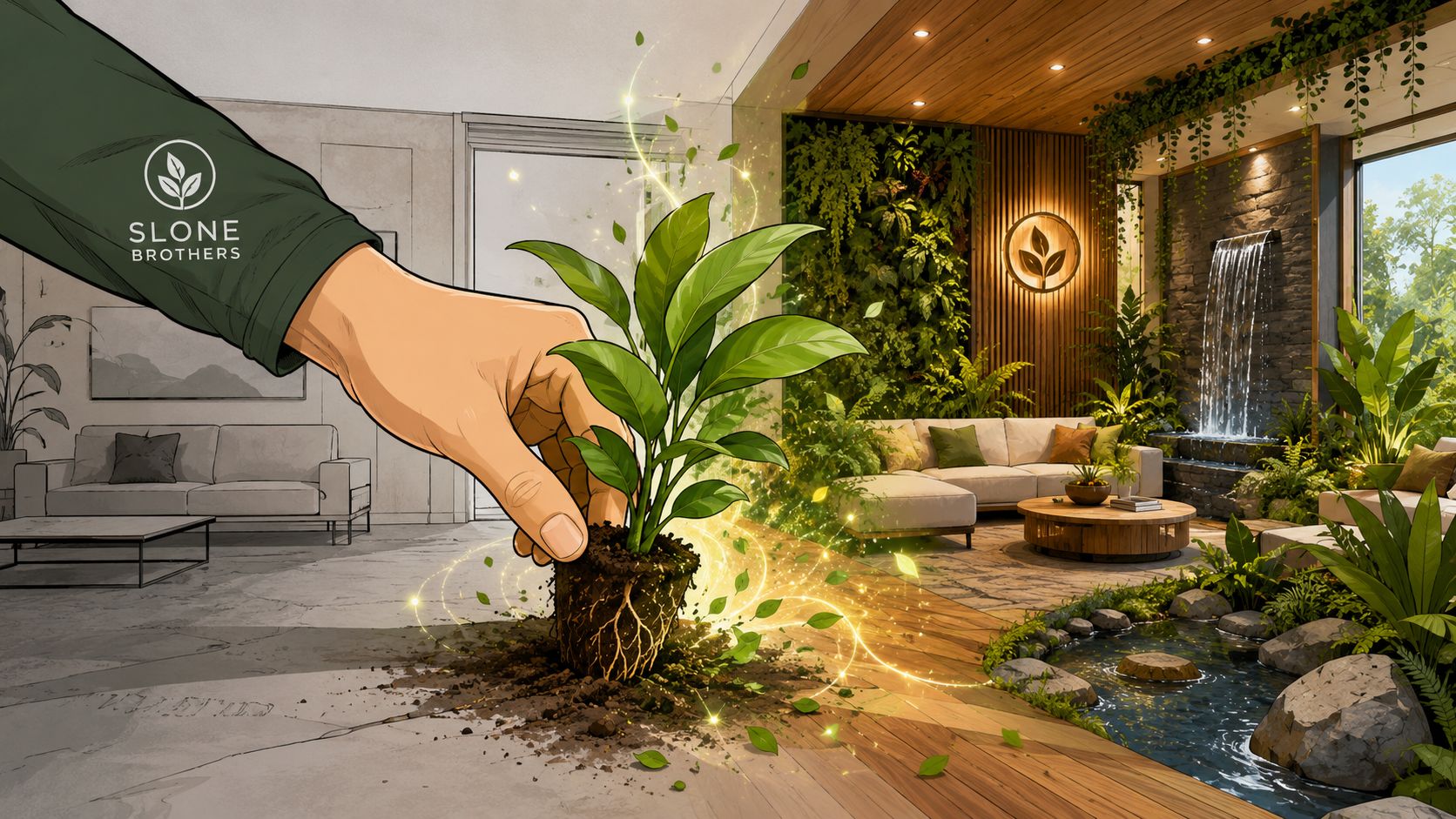 A hand placing a glowing plant into a modern indoor living space with biophilic design elements.