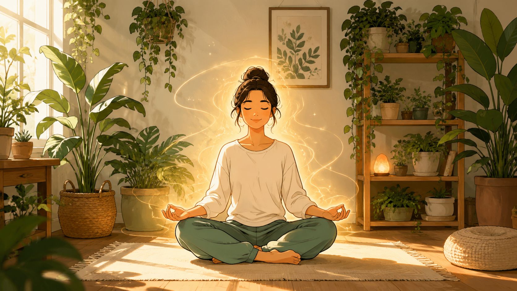 A woman meditating in a bright, cozy room filled with numerous indoor plants and warm natural light.