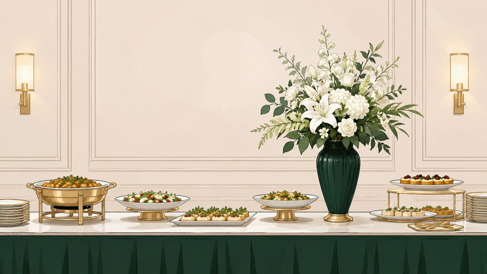 An elegant buffet table decorated with gourmet dishes and a beautiful white floral centerpiece on a white marble surface.