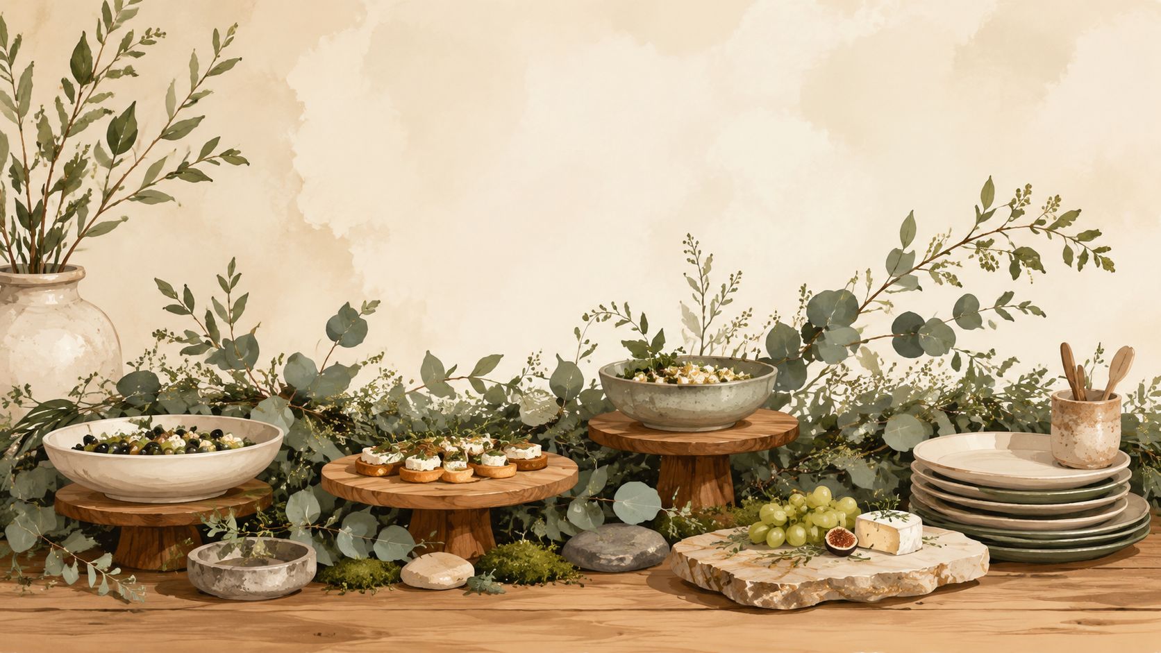 An elegant buffet table decorated with eucalyptus greenery, rustic wooden stands, and artisanal snacks for hosting guests.