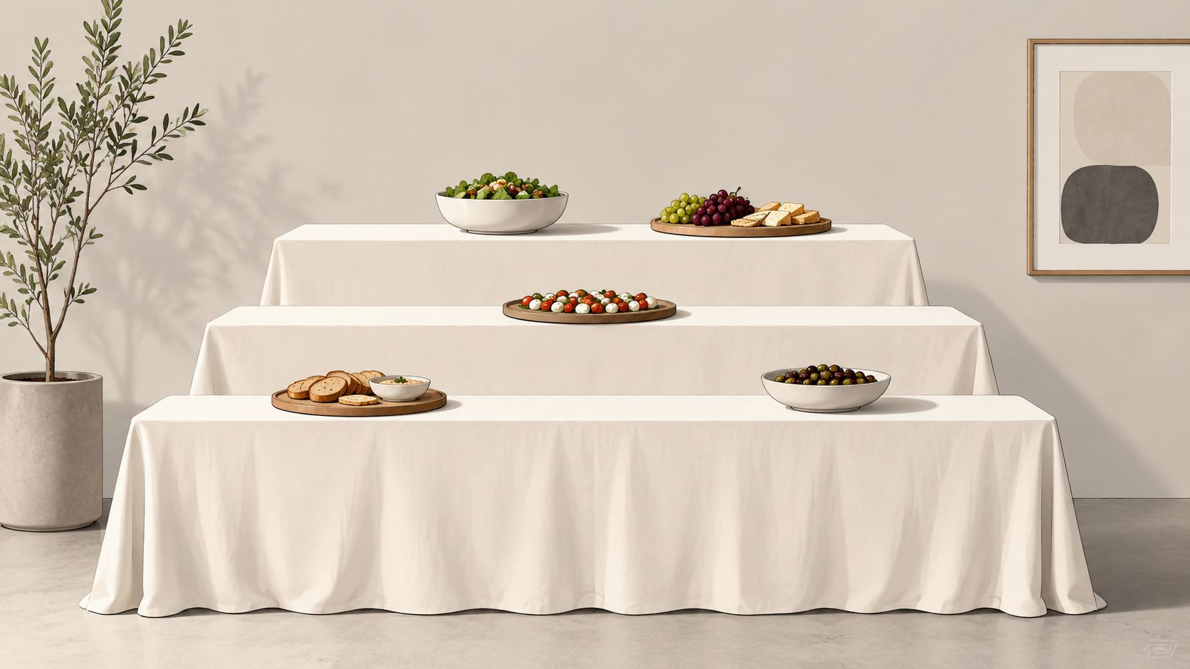 A three-tiered display table elegantly arranged with fresh salads, fruits, cheese, and appetizers for a buffet.