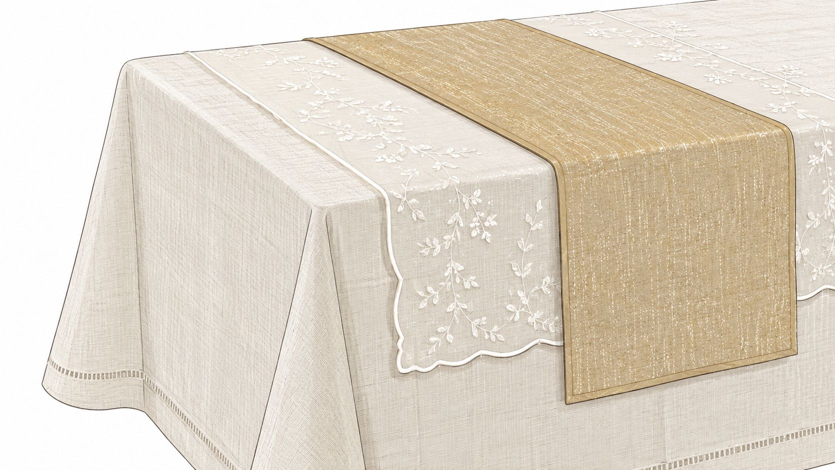 A close up of a beige linen tablecloth decorated with white floral embroidery and a tan burlap table runner.