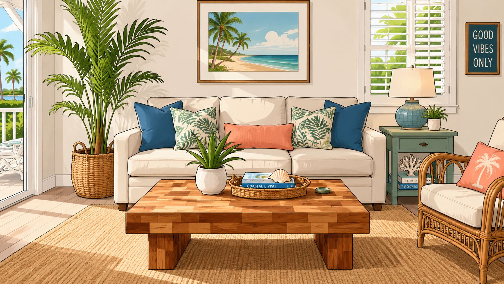 A coastal-themed living room featuring a square wooden butcher block coffee table and a bright tropical decor.