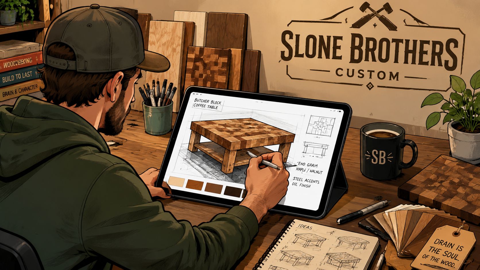 A craftsman designing a butcher block coffee table on a digital tablet at his woodshop workstation.