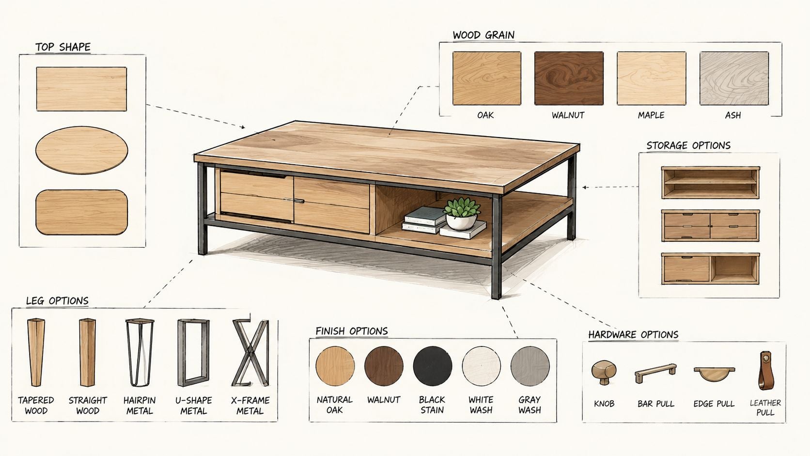 A custom designer coffee table illustration with multiple options for wood grain, legs, storage, and hardware finishes.