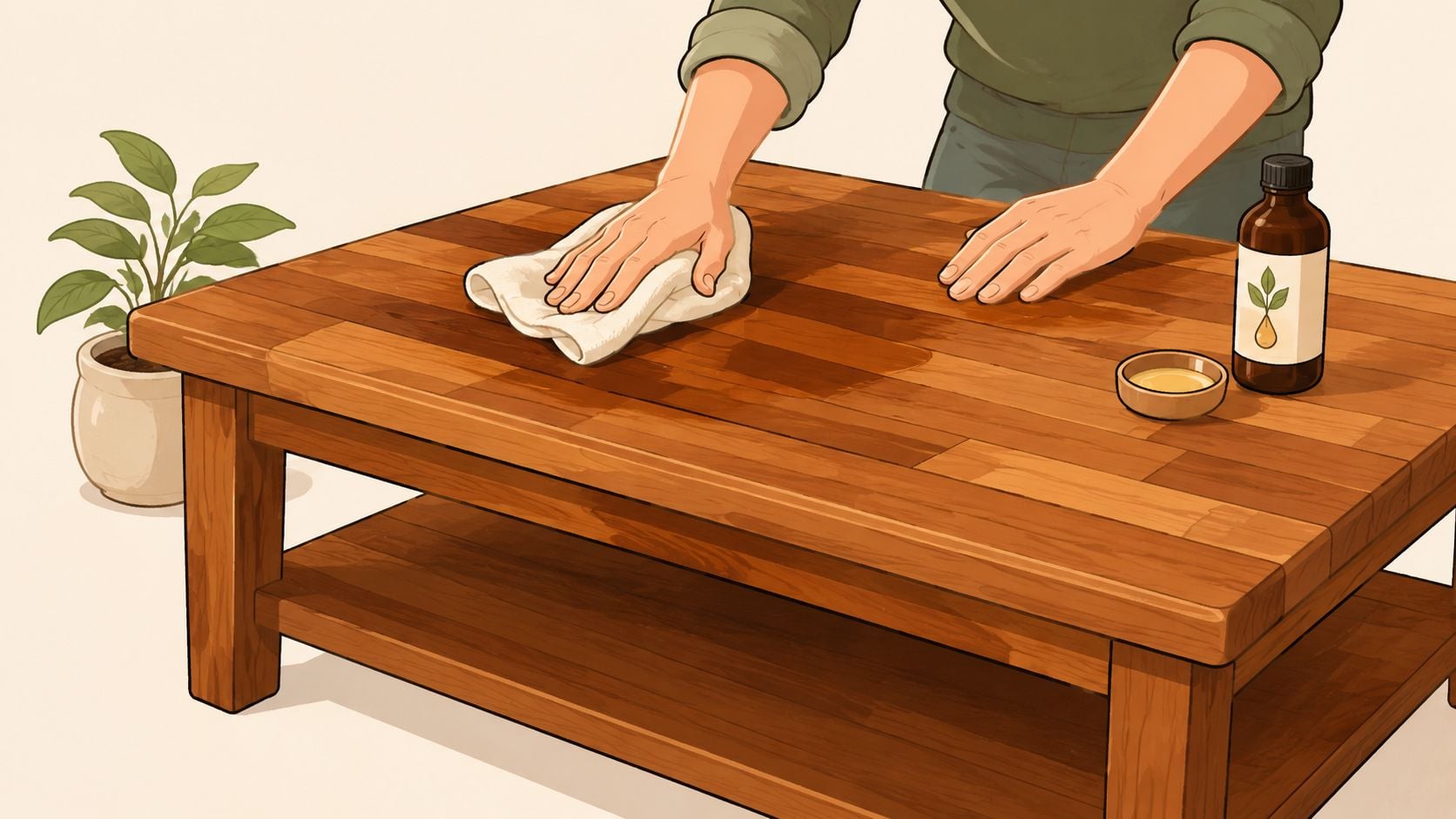 A person applying oil to a wooden butcher block coffee table using a soft cloth.