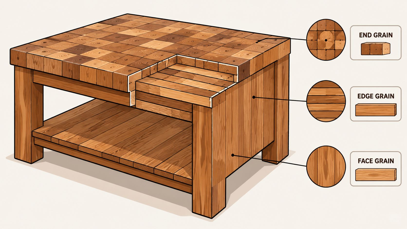 An illustration of a butcher block coffee table showcasing different wood grain patterns including end, edge, and face grain.