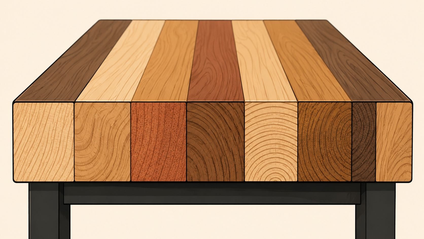 A modern butcher block coffee table featuring several unique wooden planks with varied wood grain patterns.
