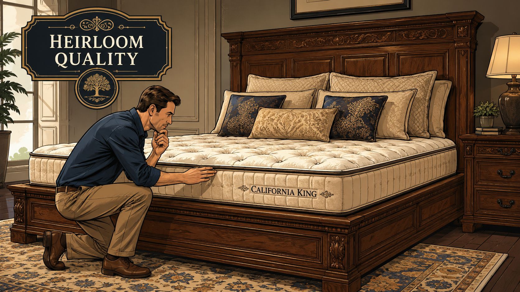 A man in a button-down shirt kneeling beside a large wooden California King size bed frame.