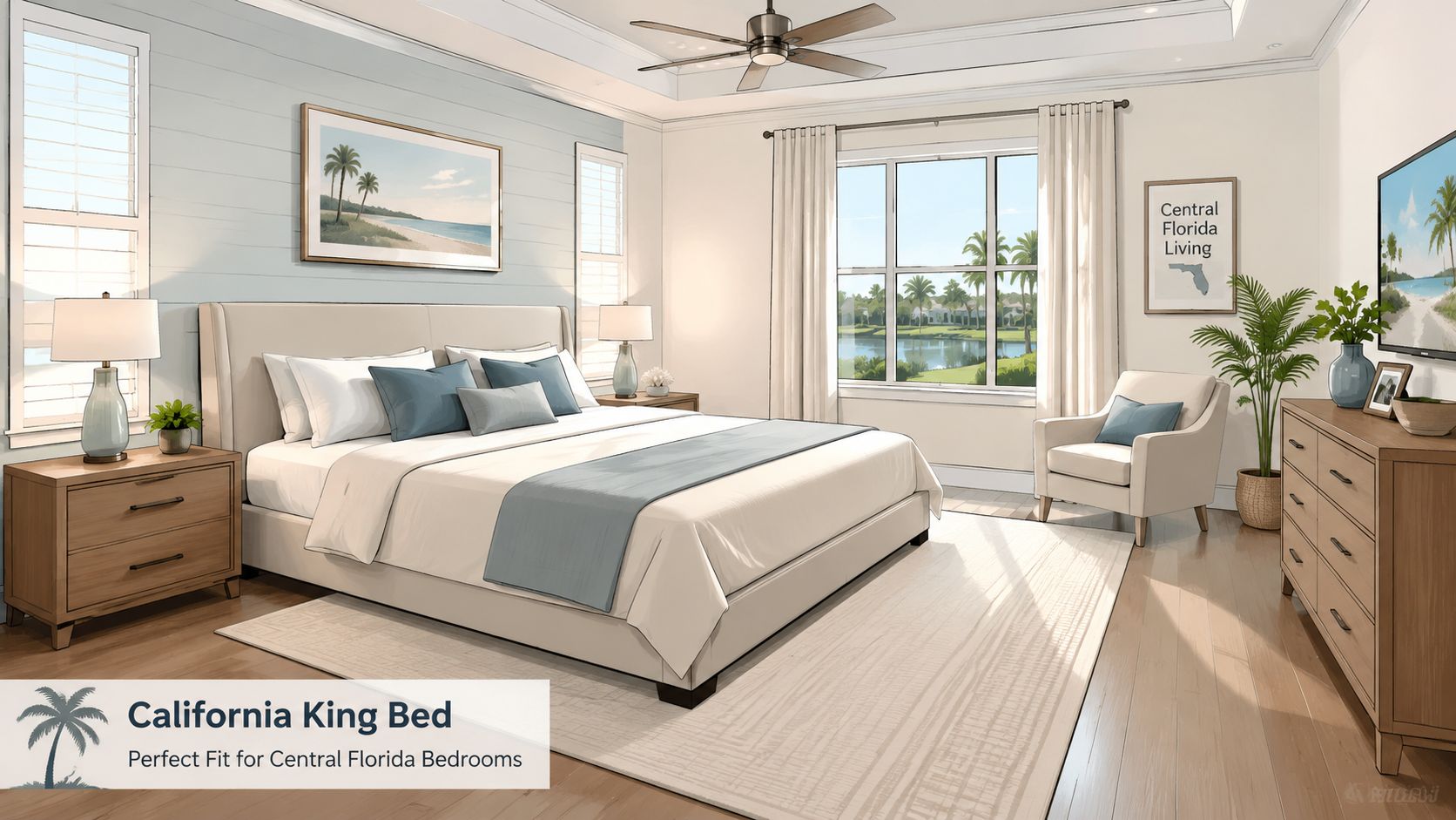 A luxurious bedroom featuring a spacious California king bed with blue accents and coastal decor elements.