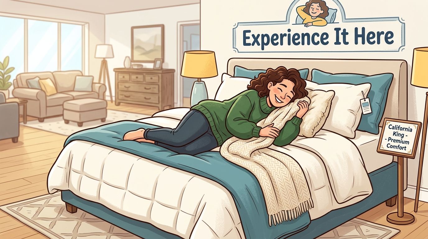 A woman happily resting on a premium California King size bed in a comfortable home showroom setting.