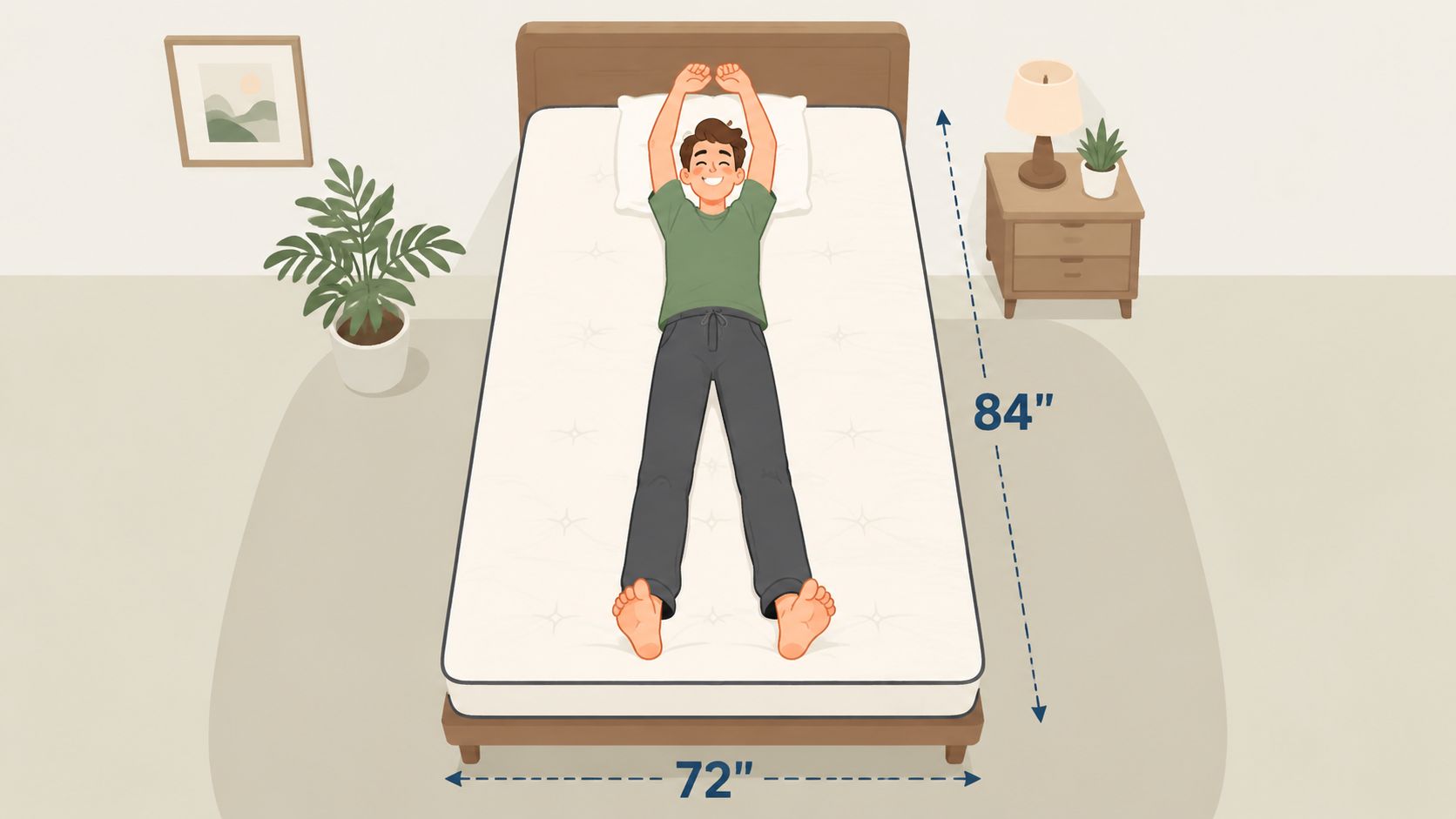 A top-down illustration of a person sleeping comfortably on a spacious California king size mattress.