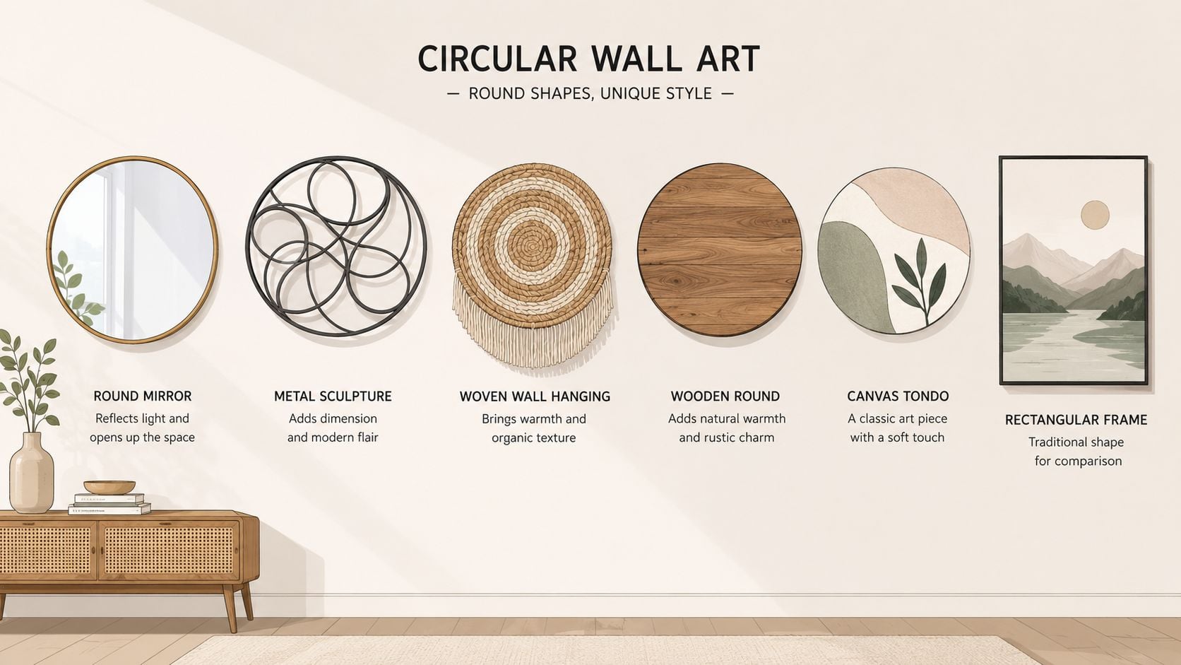 A wall display showing various circular wall art styles including a mirror, sculpture, weaving, wood, and canvas.