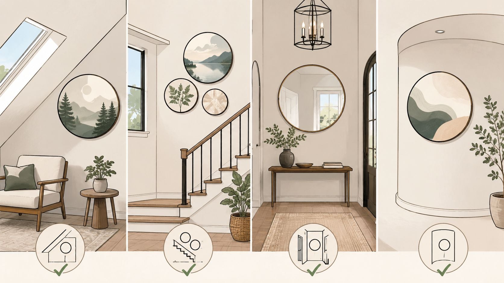 A split image showing various interior design examples of circular wall art in different home settings.