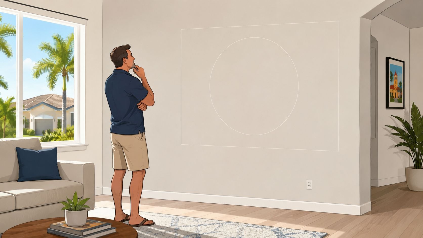 A man stands in a brightly lit living room contemplating a large circular wall art placement.