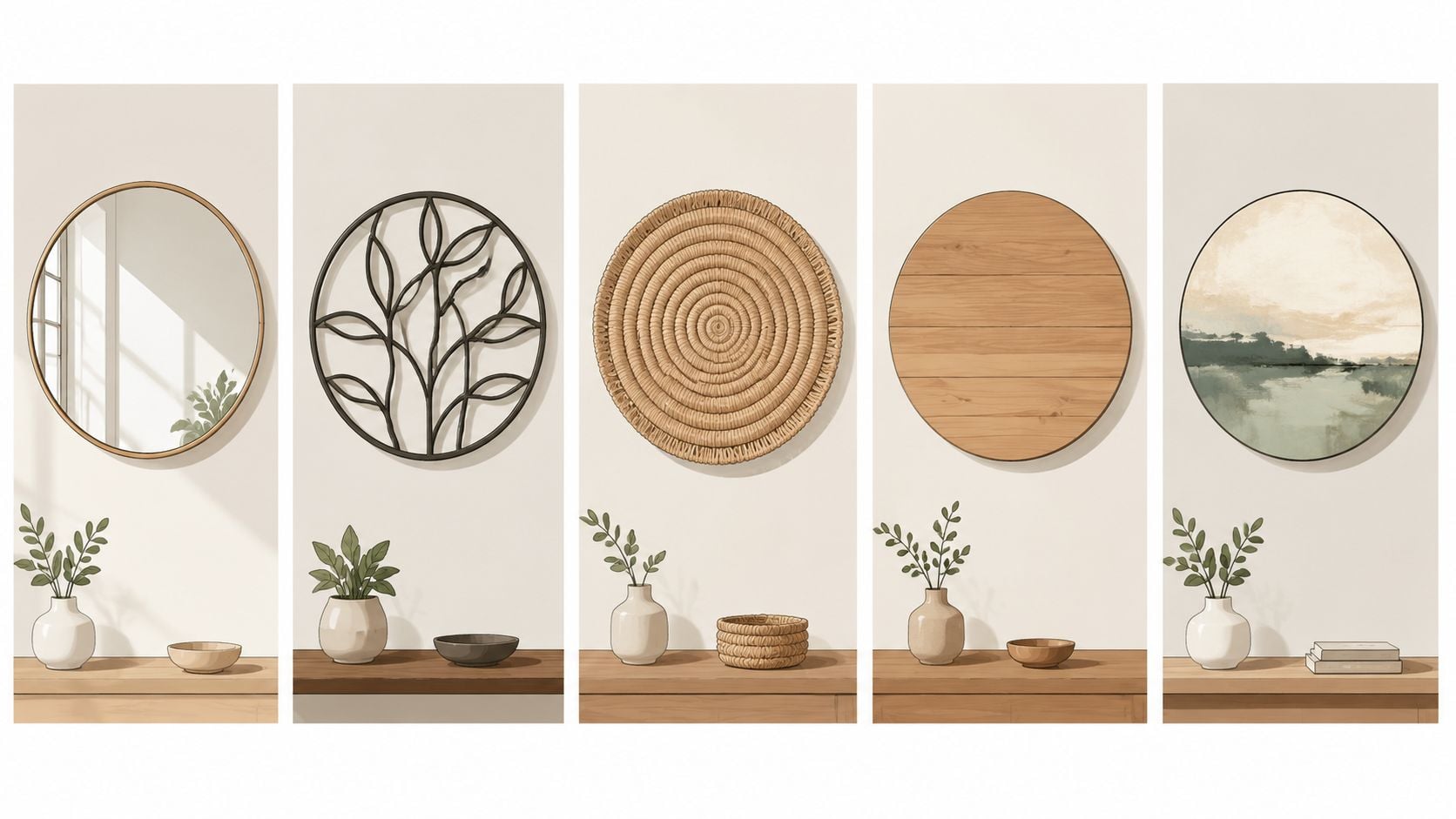 A collection of five varied round wall art pieces displayed above wooden shelves with matching potted plants.