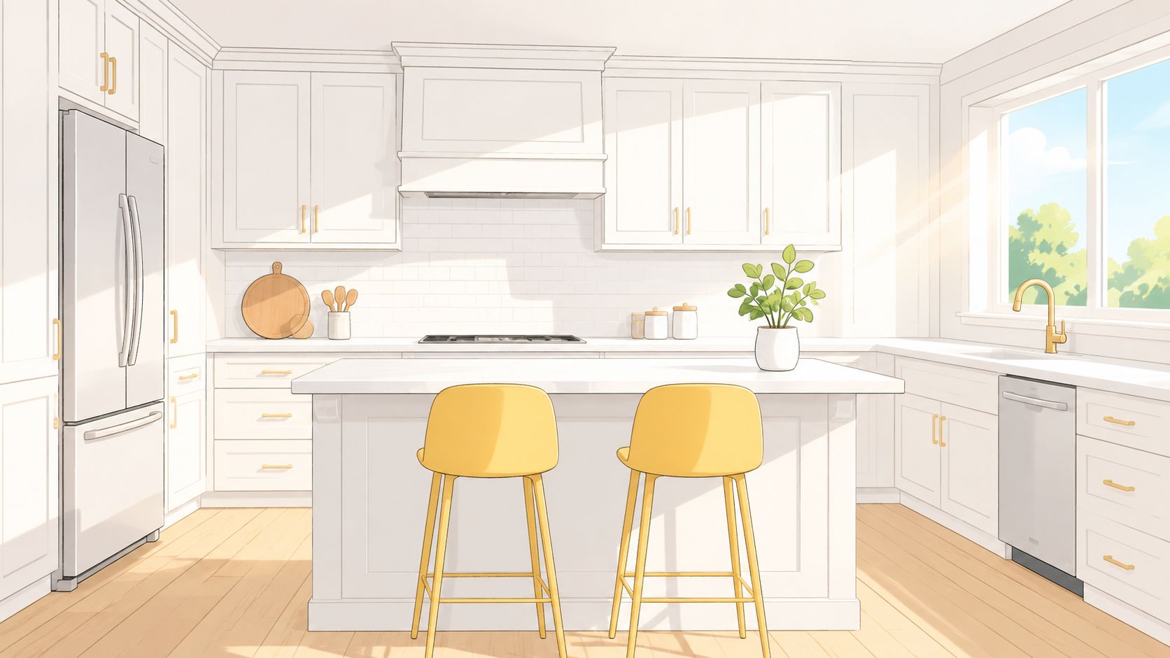 A modern kitchen featuring white cabinets, an island with two yellow bar stools, and warm natural lighting.