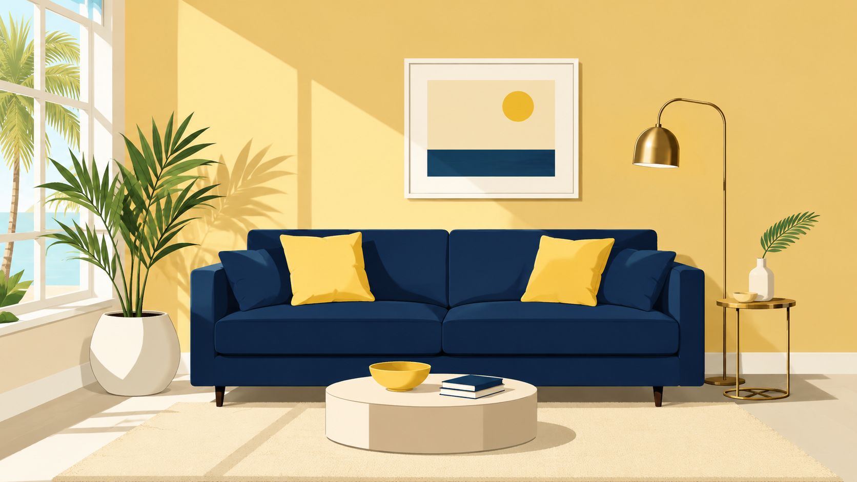 A modern living room featuring a navy blue sofa against a sunny yellow wall with coastal decor.