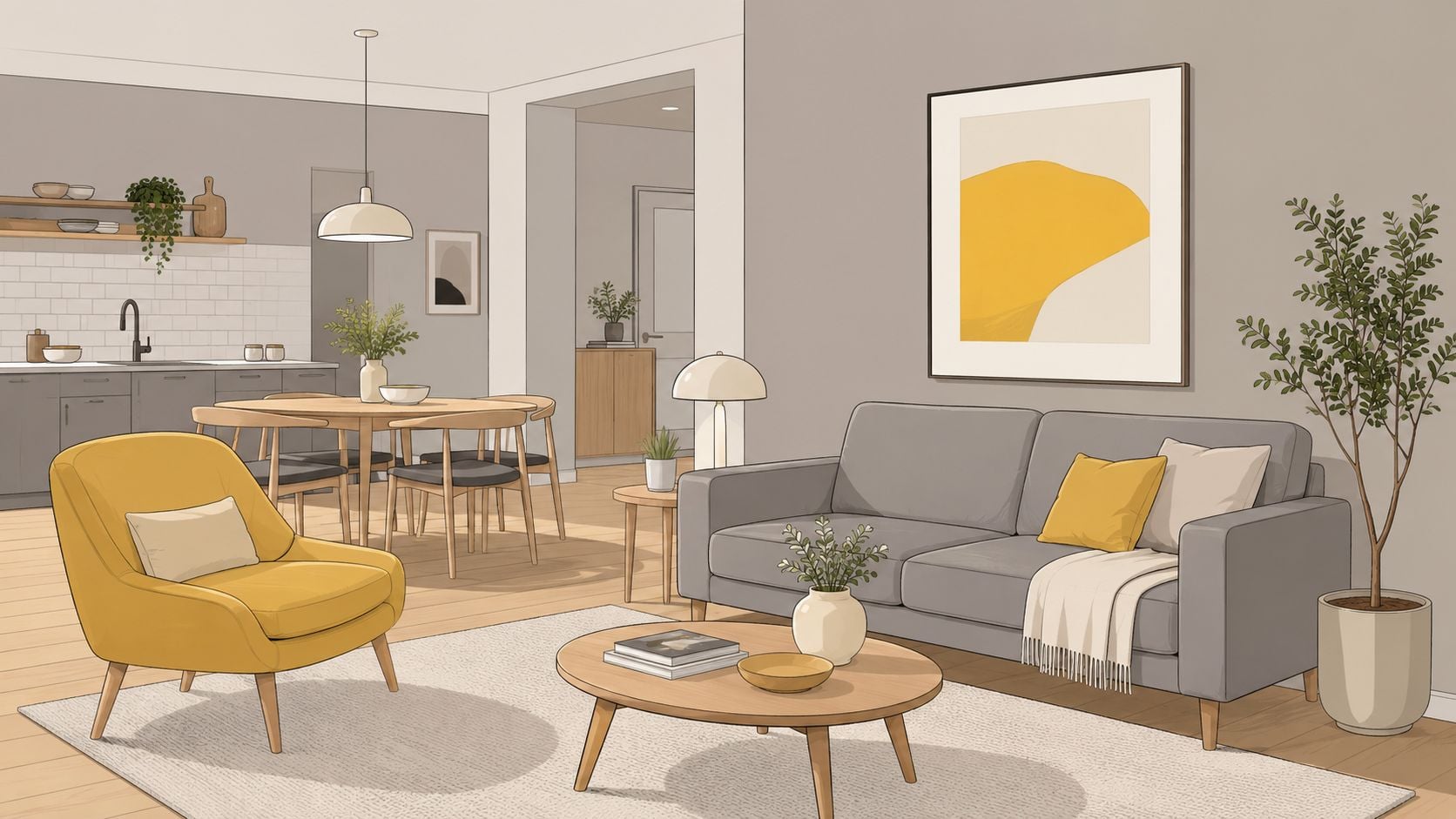 A modern, minimalist living room featuring a gray sofa, a yellow accent armchair, and warm, stylish decor.
