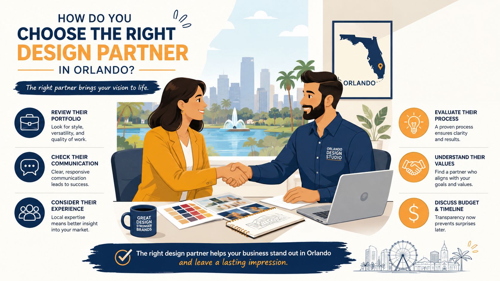 A professional man and woman shaking hands in an office overlooking a scenic Orlando city landscape.