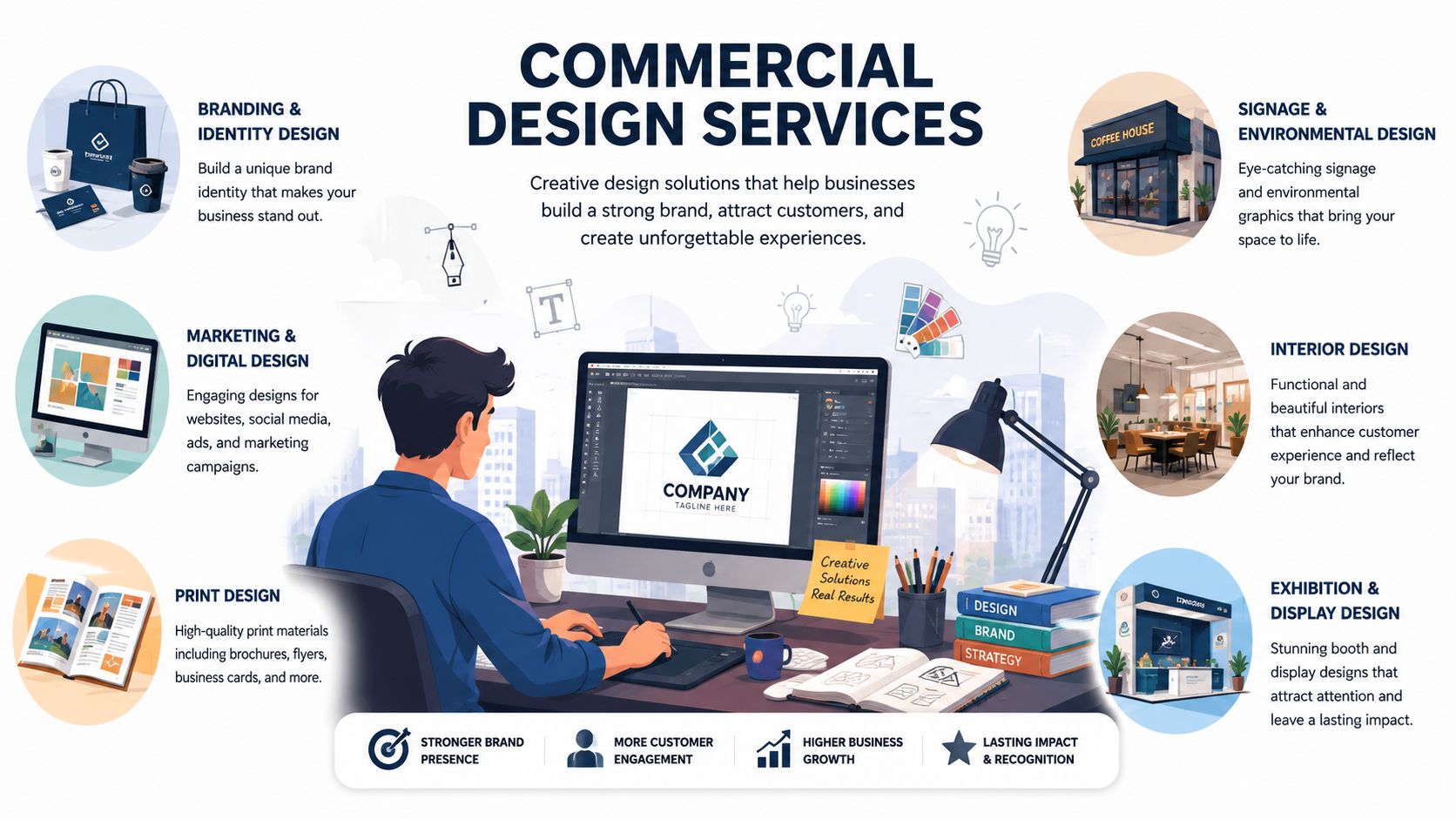 A digital illustration of a graphic designer working on branding and commercial design services at a desk.