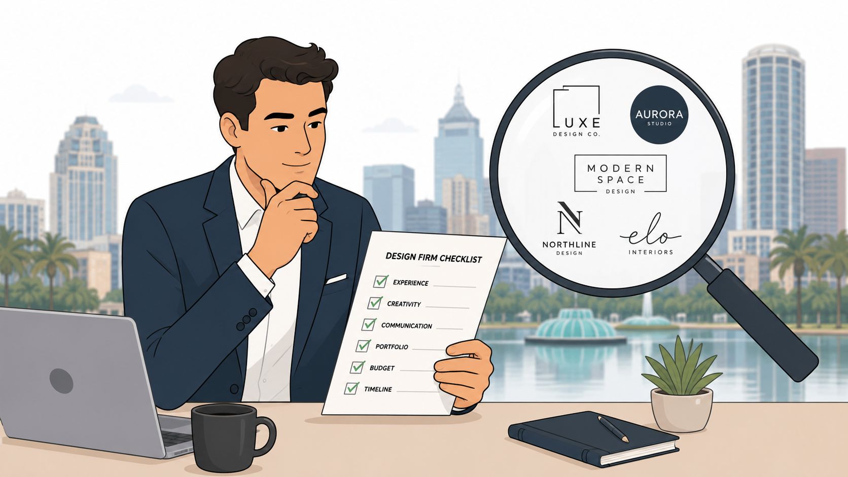 A professional man checking a design firm checklist while reviewing interior design studio logos through a magnifying glass.