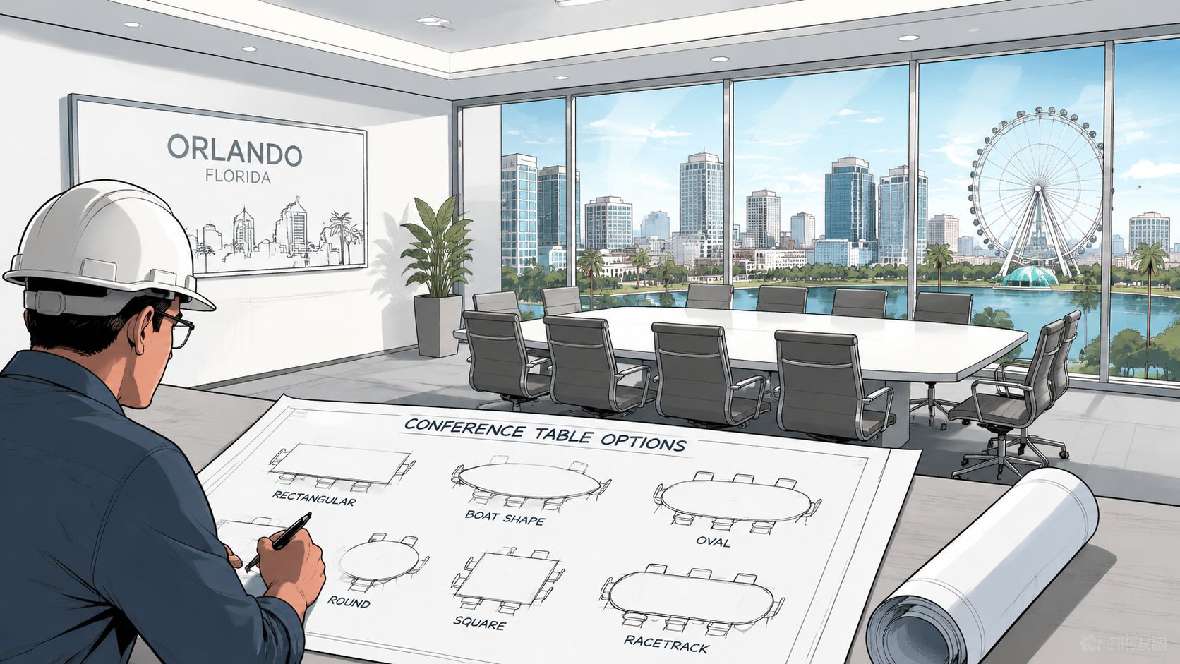 A professional engineer reviews conference table options on a blueprint in a modern office overlooking Orlando.