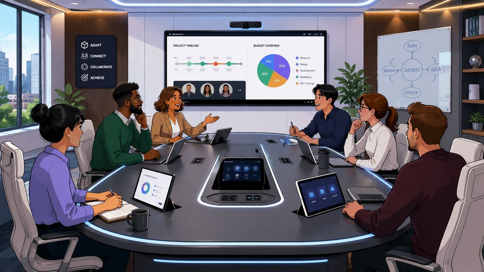 A diverse professional team collaborating in a modern office meeting room around a large conference table.