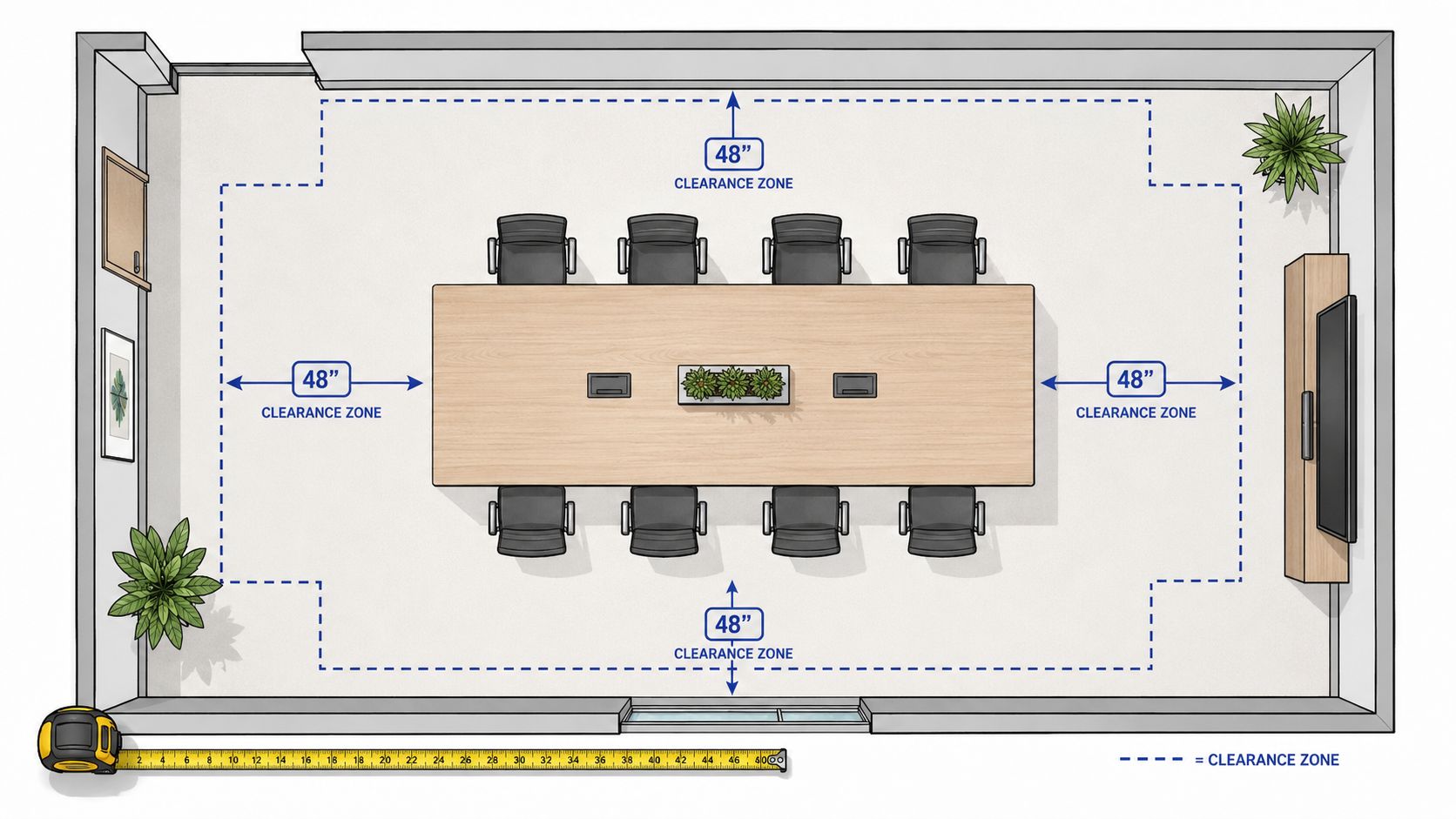 A floor plan top-view illustration of a conference room showing table, chairs, and required clearance zones.