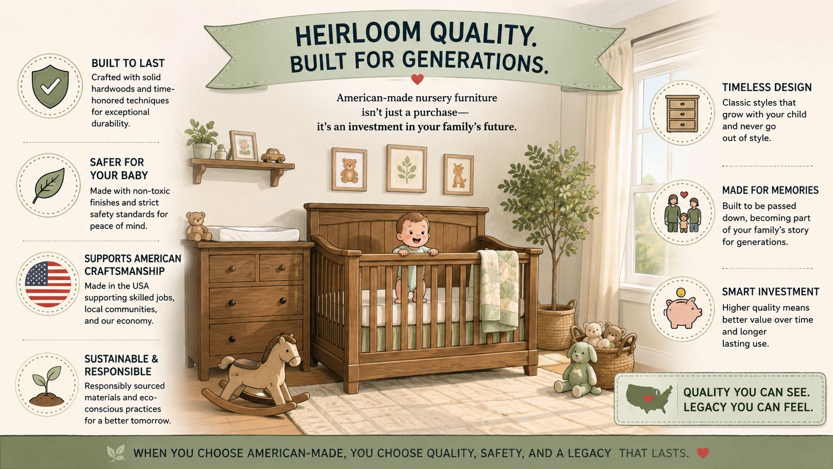 A nursery room scene showcasing a baby crib, dresser, and rocking horse, highlighting heirloom quality furniture benefits.