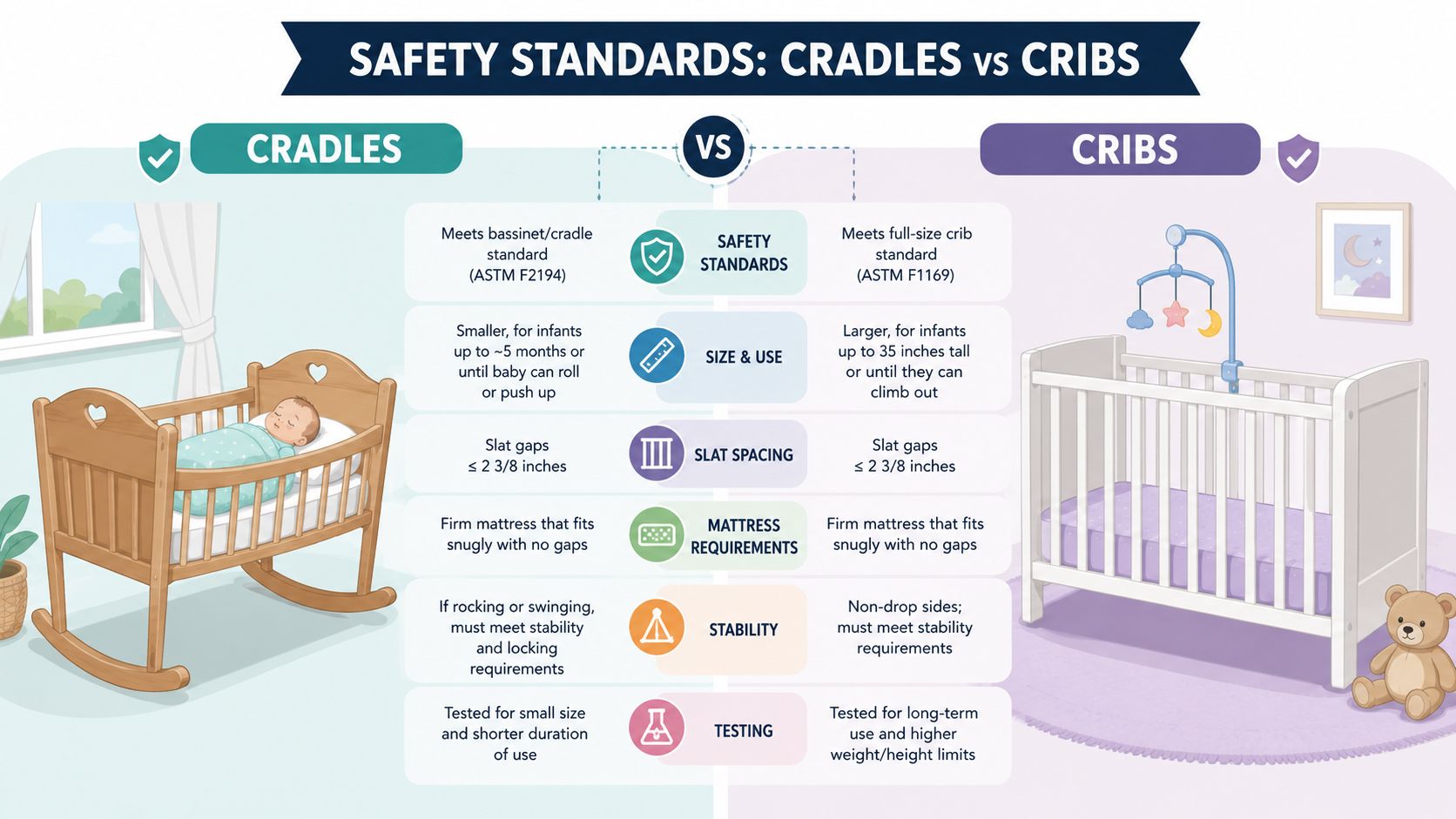 A comparison chart outlining the safety standards, size, and use requirements for baby cradles versus standard cribs.