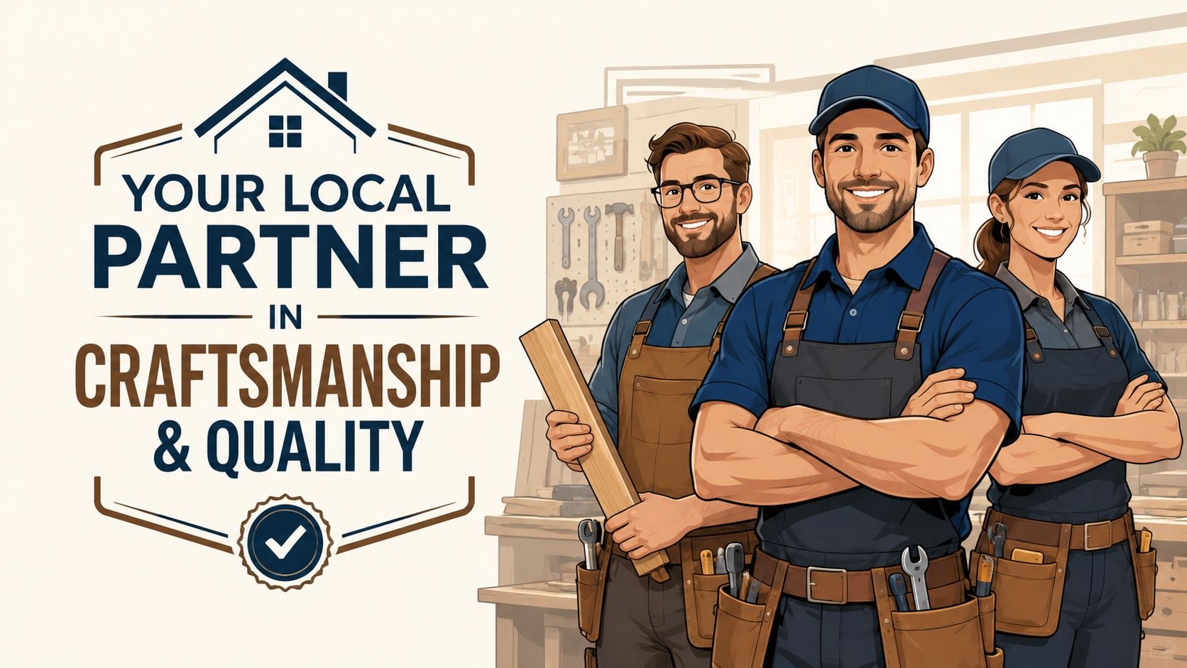 A professional team of local craftsmen wearing tool belts, standing in a workshop, symbolizing quality home services.