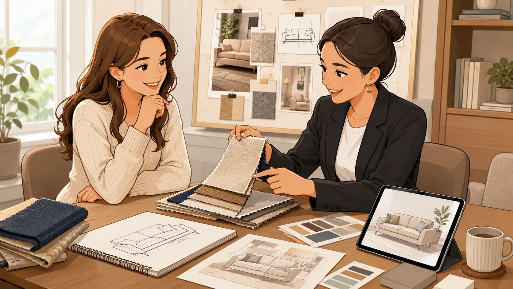 A professional interior designer discussing fabric swatches and custom furniture designs with a client in a studio.