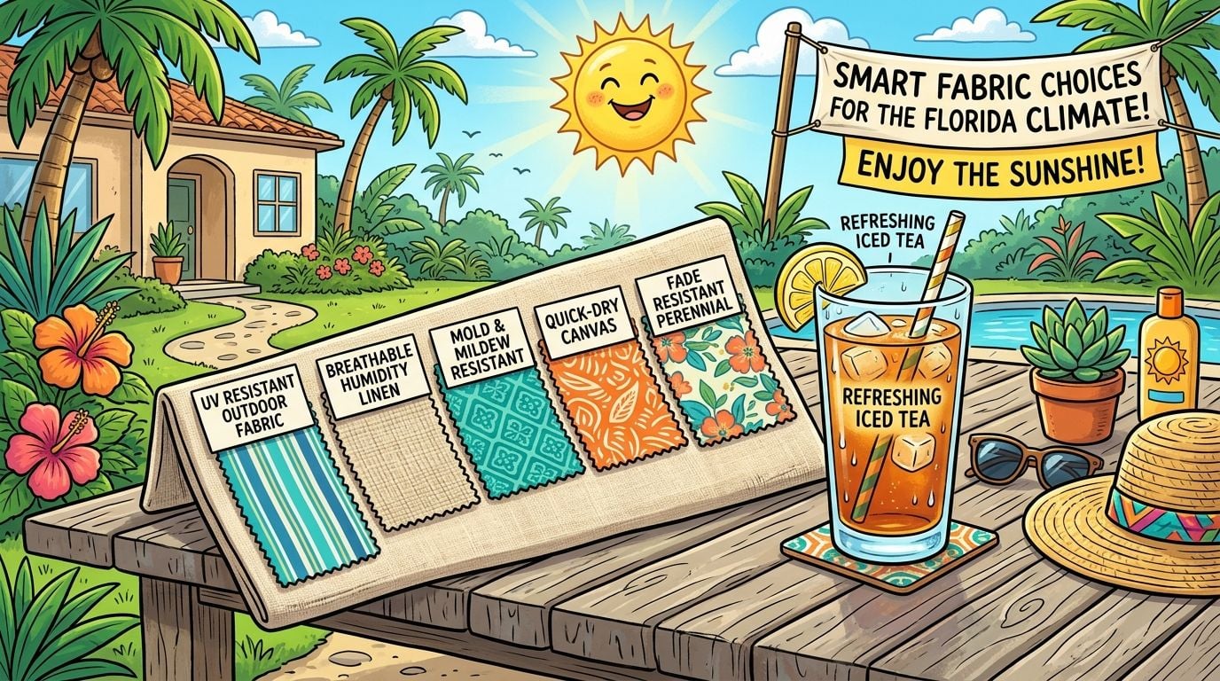 A fabric sample display featuring various outdoor textiles for Florida climate set on a sunny patio table.