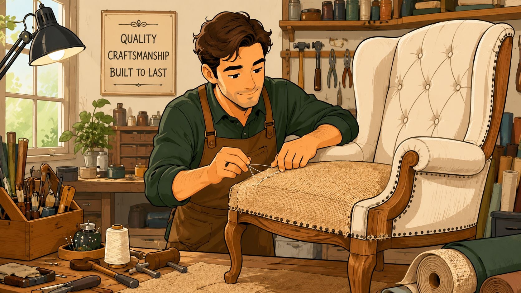 A skilled artisan wearing an apron works on repairing and reupholstering a classic beige armchair in his workshop.
