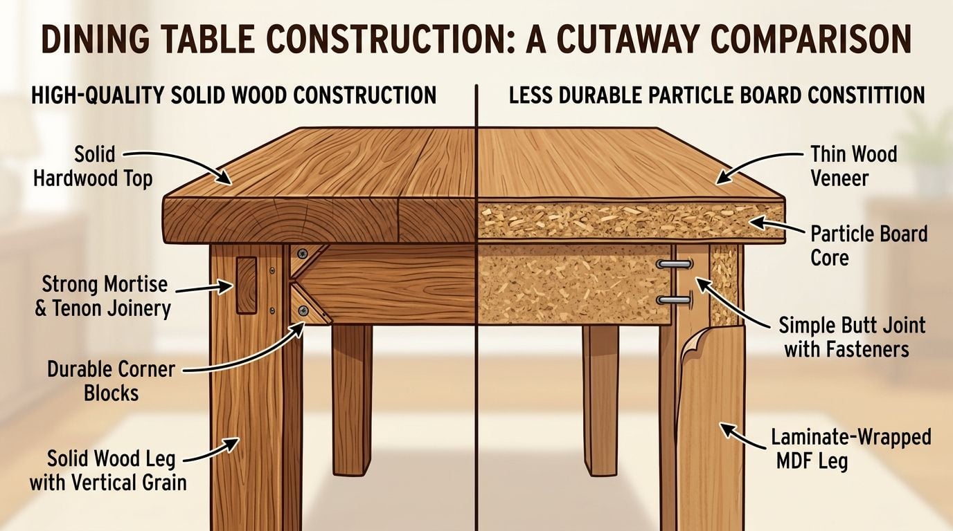 A cutaway diagram comparing solid wood dining table construction with less durable particle board table construction.