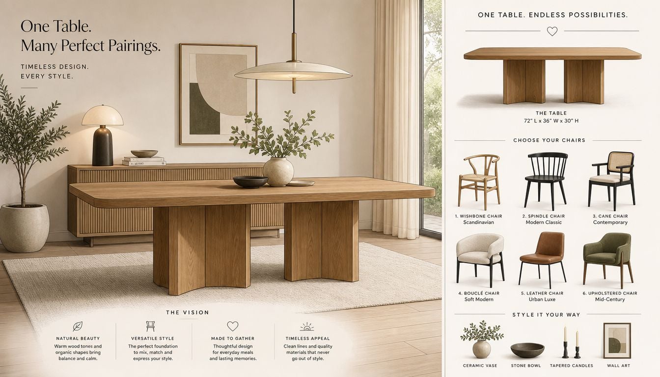 A modern wooden dining table surrounded by six different chair options and decorative home decor items.