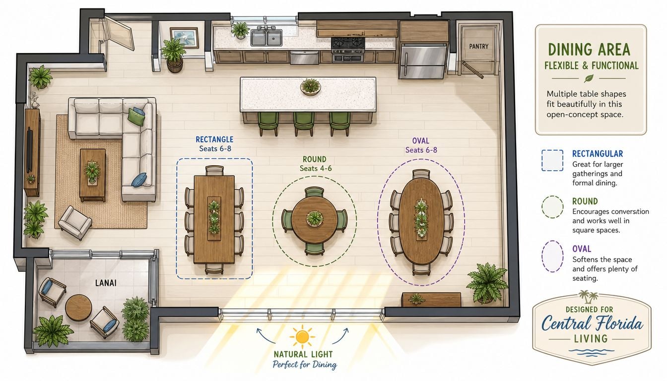 A floor plan illustrating three different dining table styles, rectangular, round, and oval, in an open-concept layout.