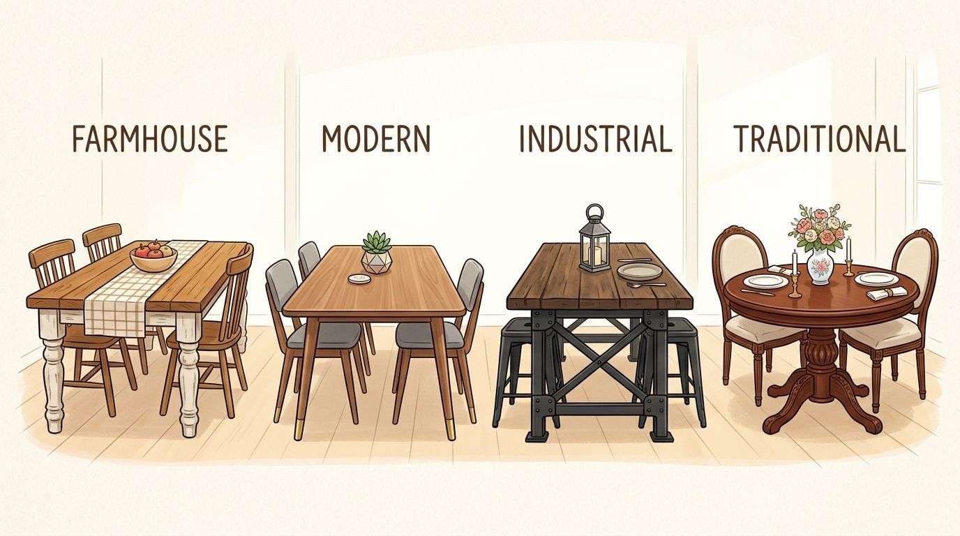 An illustrated graphic comparing four different dining room table styles including farmhouse, modern, industrial, and traditional designs.