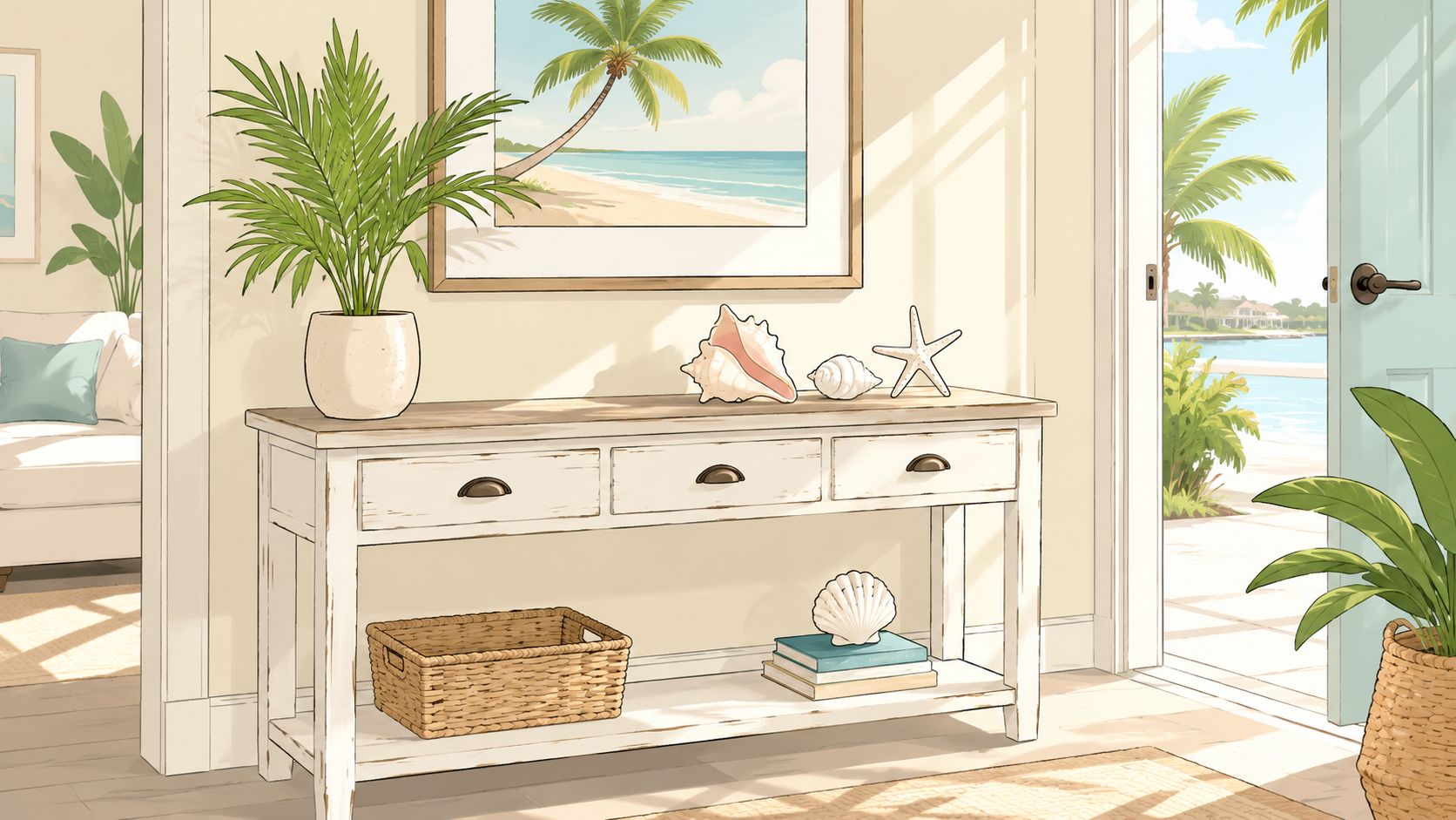 A distressed white console table decorated with seashells and a potted plant in a beachy entryway.