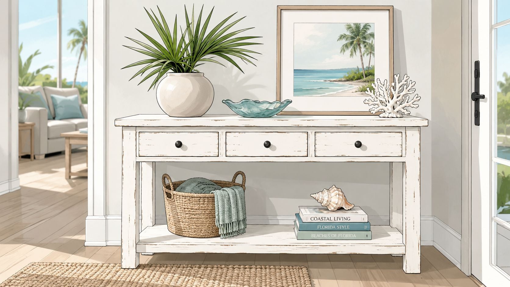 A distressed white console table decorated with beach-themed decor in a bright, coastal-inspired entryway.