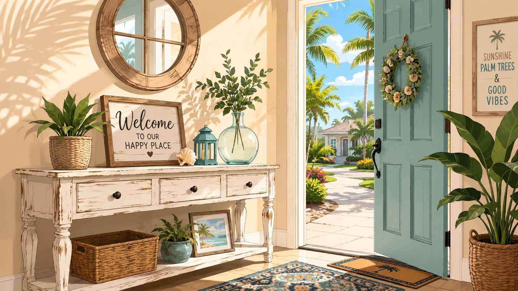 A coastal-inspired entryway featuring a distressed white console table, bright decor, and an open blue front door.