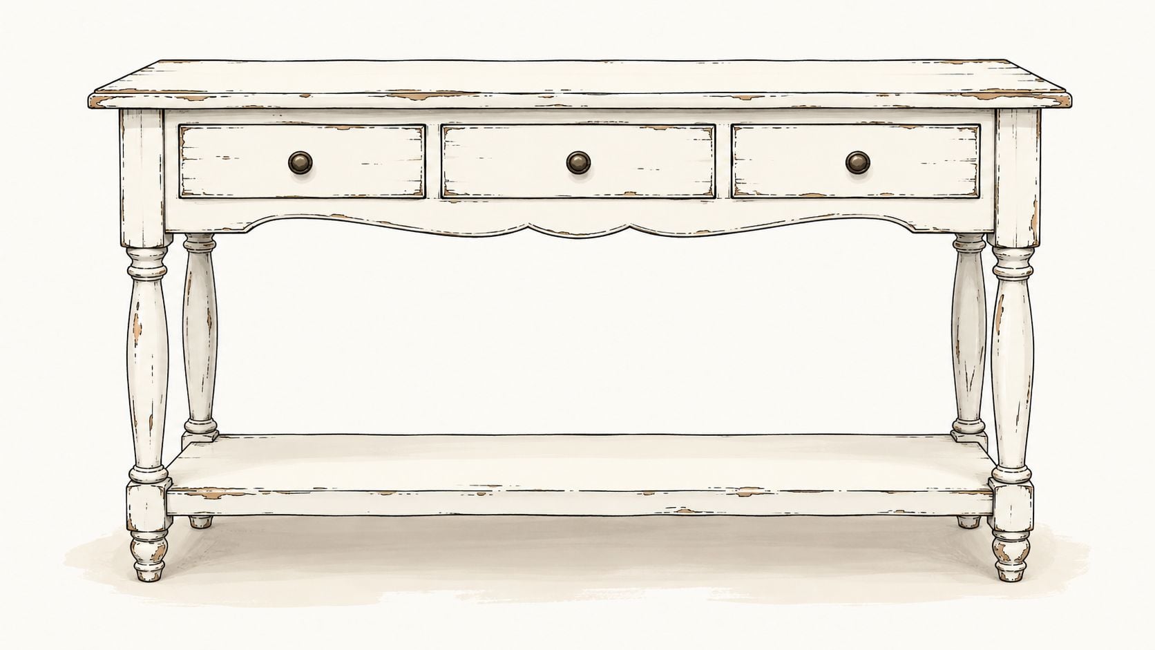 A rustic distressed white console table with three drawers and a bottom storage shelf on white background.