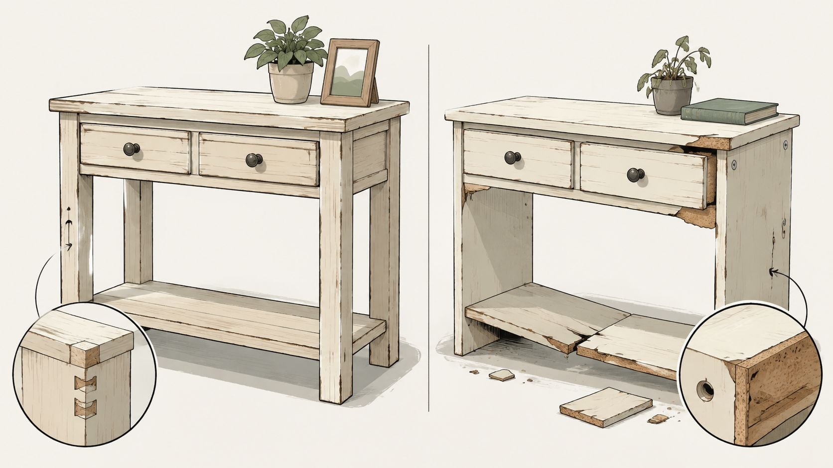 A comparison showing a durable solid wood console table versus a flimsy particle board console table construction.