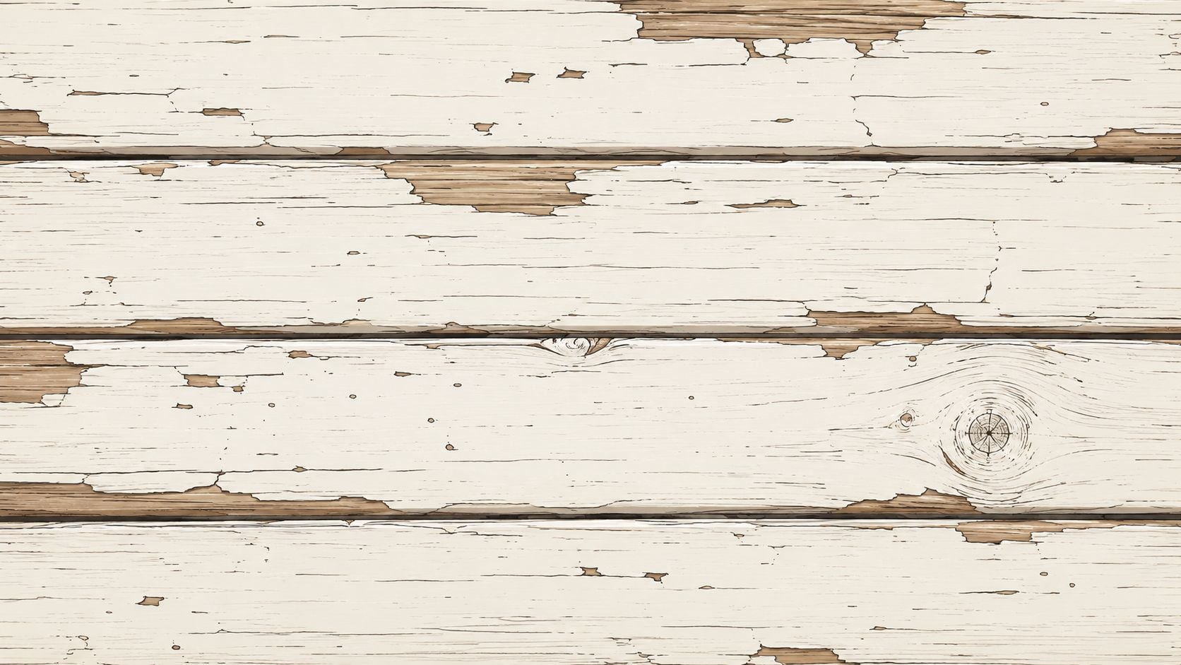 A close-up of weathered wooden planks painted white with sections of paint chipped off revealing natural wood.