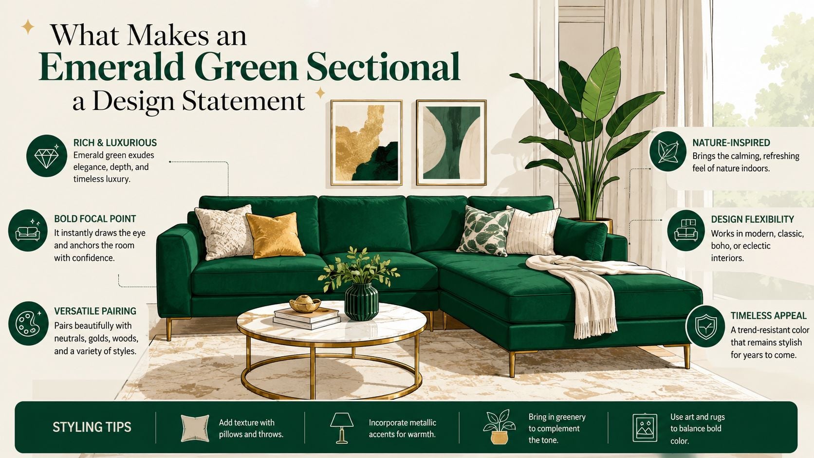 A modern emerald green sectional sofa in a stylish living room with gold accents and green decor.