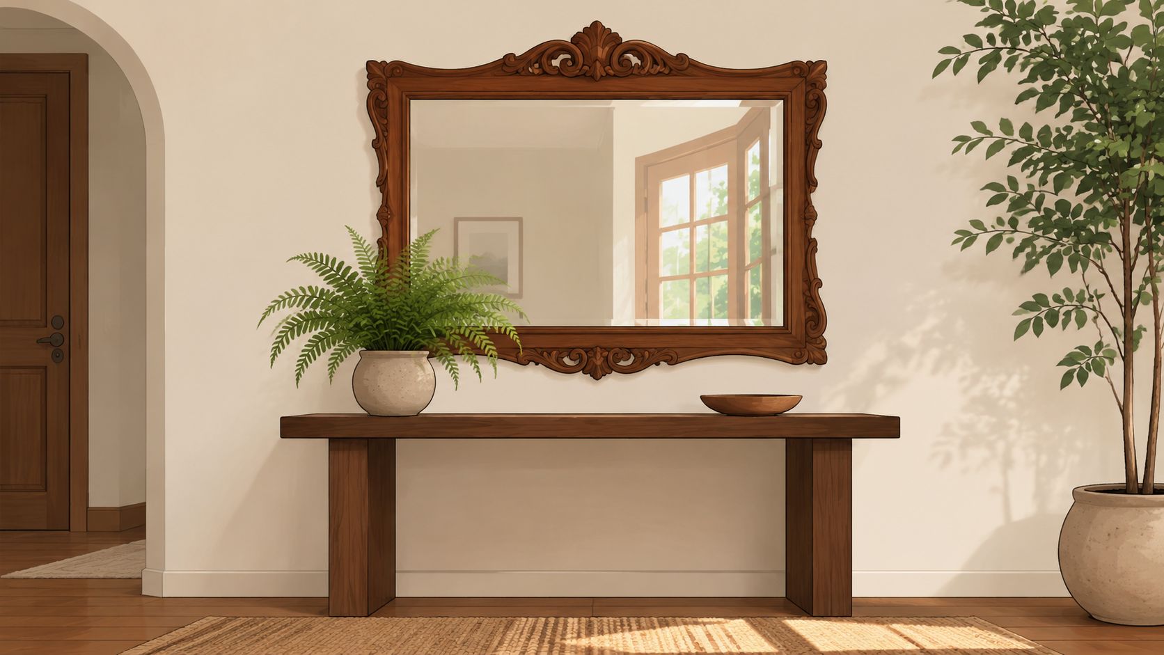 A rustic wooden console table topped with a fern and bowl sits below a decorative carved wall mirror.