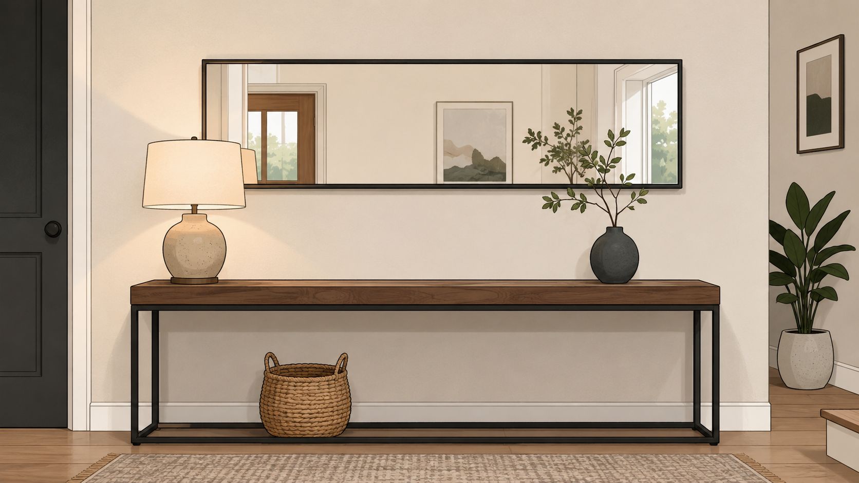 A modern entryway featuring a minimalist wooden console table, large wall mirror, and stylish table lamp.