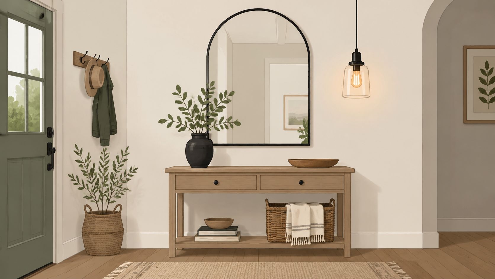A stylish entryway featuring a wooden console table, an arched mirror, and natural decor elements.